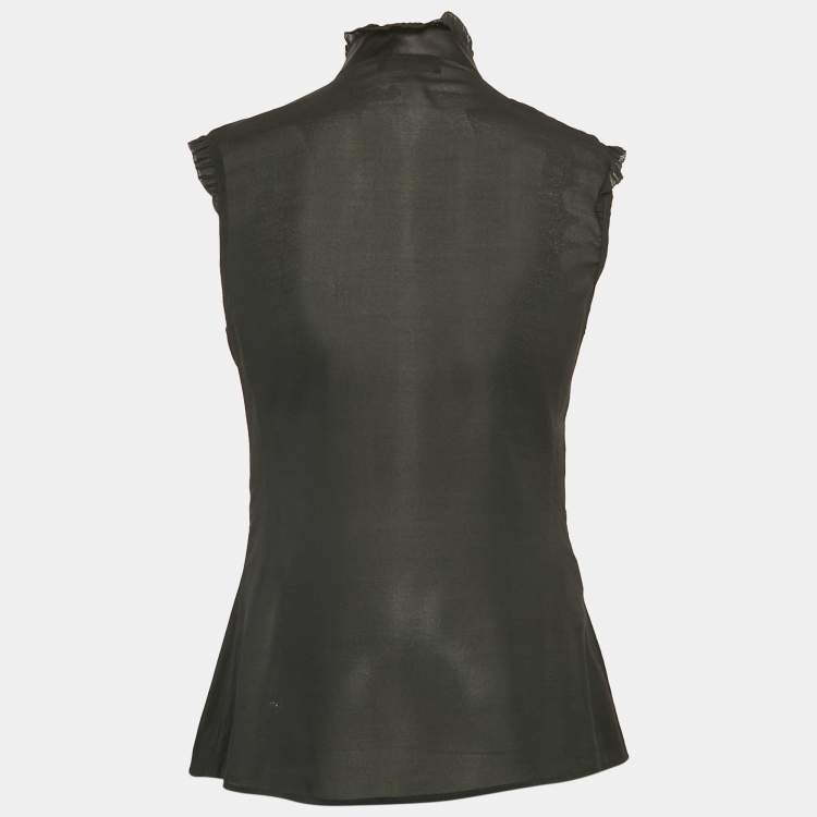 Pre Owned Emporio Armani Black Silk Pleat Detail Ruffled Sleeveless Blouse M