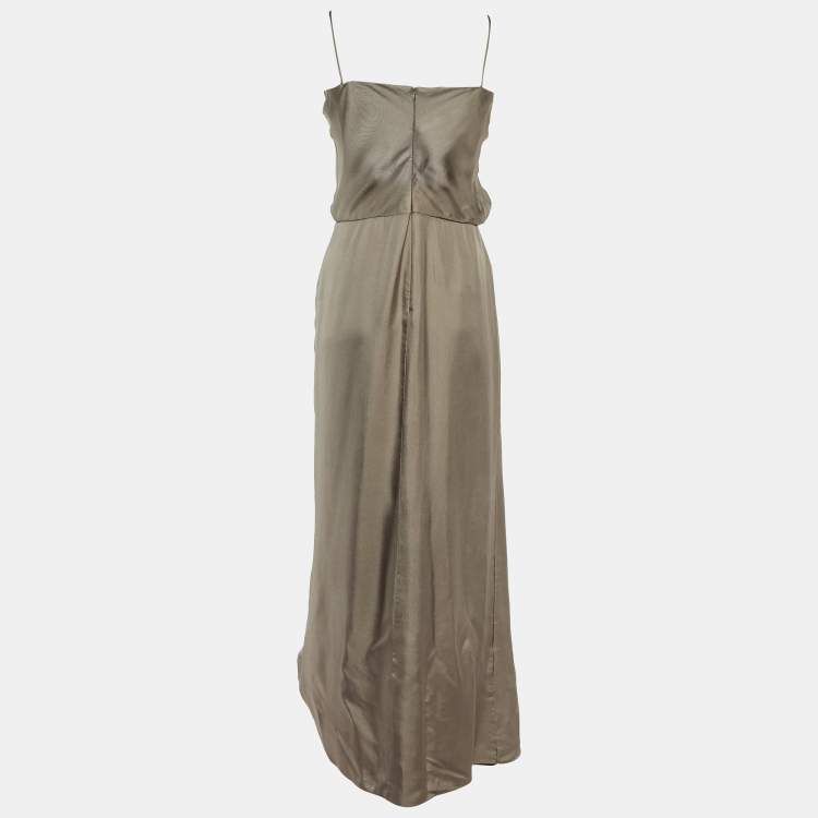 Pre Owned Emporio Armani Grey Silk Floral Applique Detail Maxi Dress S
