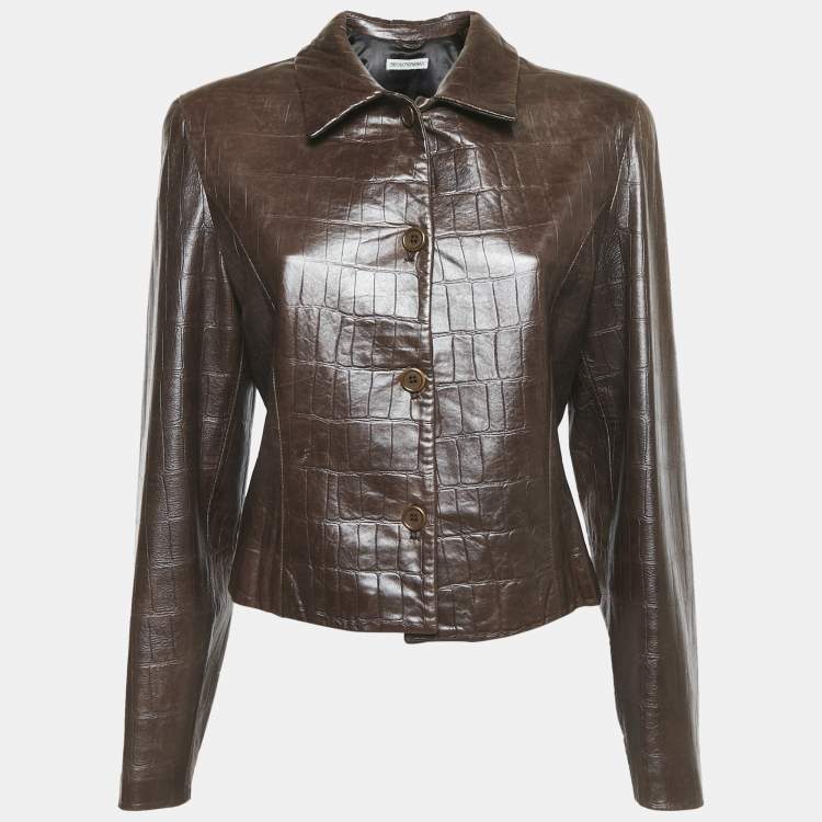 Pre Owned Emporio Armani Brown Textured Leather Jacket M