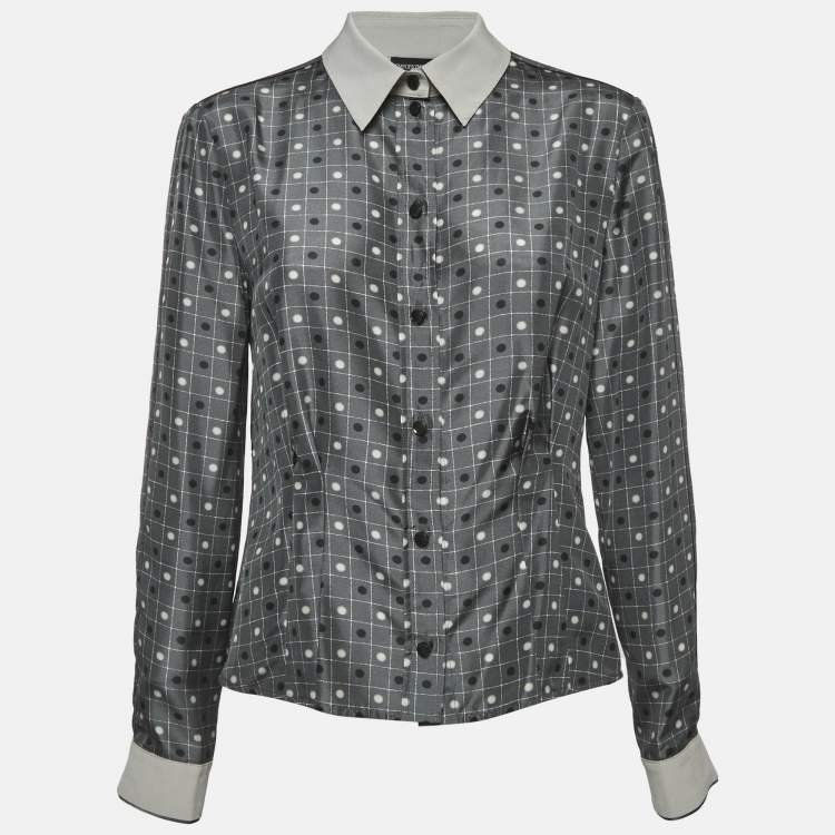 Pre Owned Emporio Armani Grey Dots and Checks Print Silk Pleated Shirt L