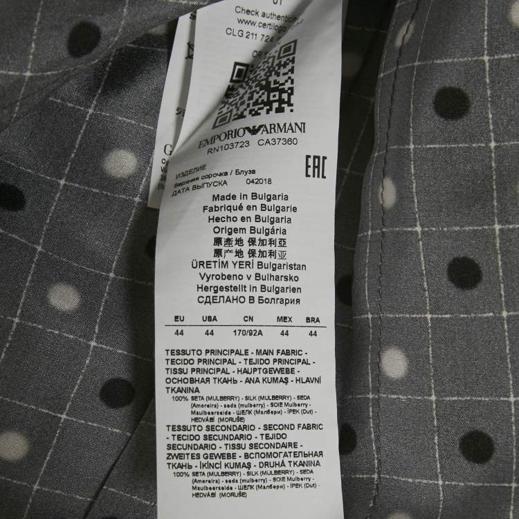 Pre Owned Emporio Armani Grey Dots and Checks Print Silk Pleated Shirt L