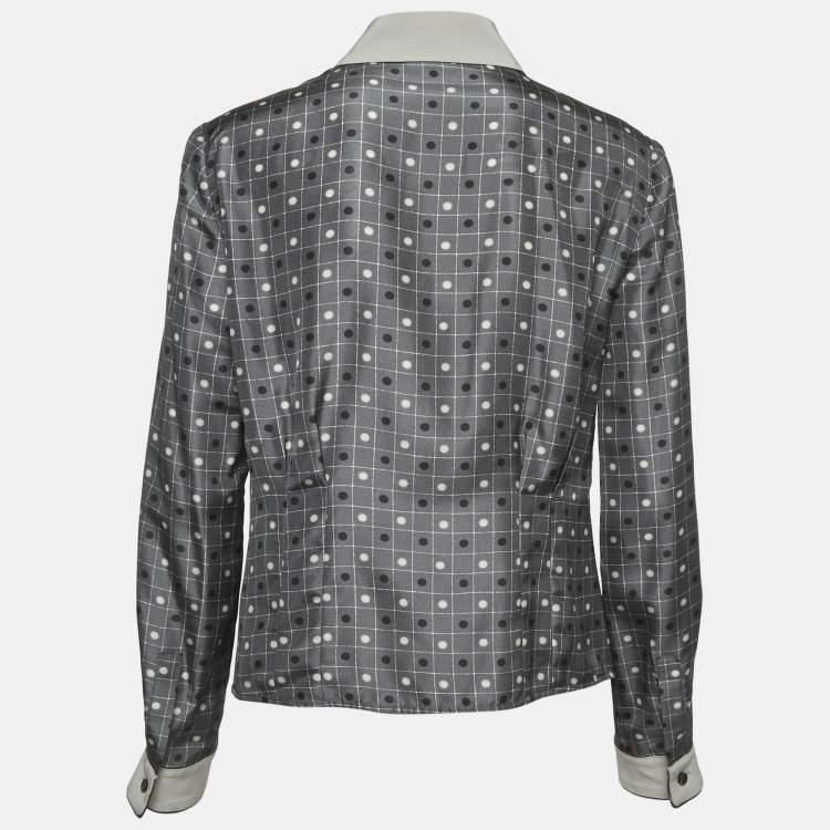 Pre Owned Emporio Armani Grey Dots and Checks Print Silk Pleated Shirt L