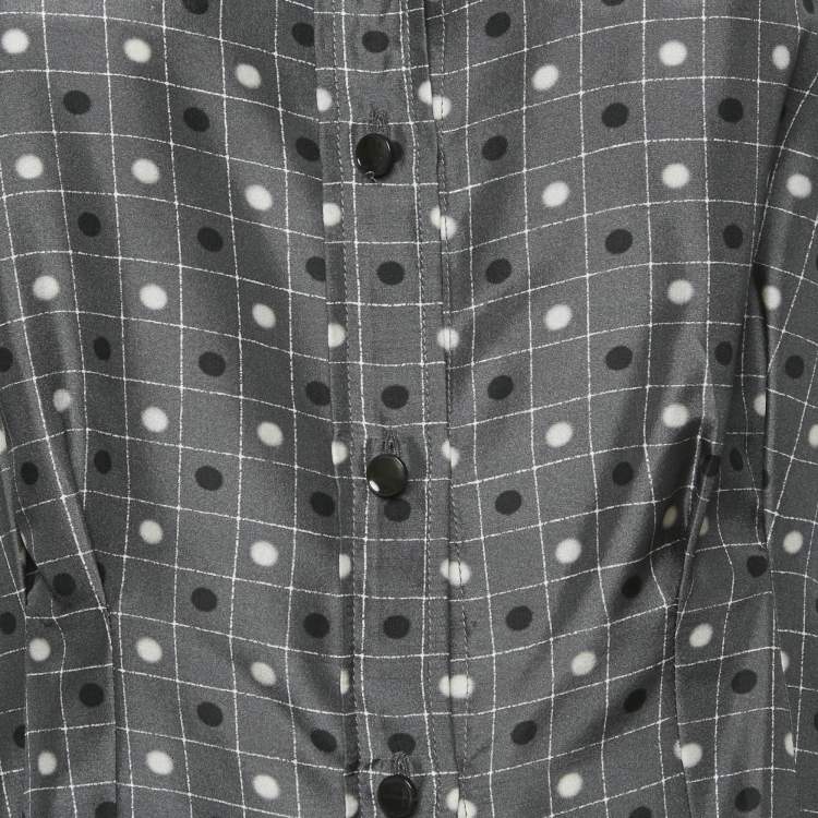 Pre Owned Emporio Armani Grey Dots and Checks Print Silk Pleated Shirt L