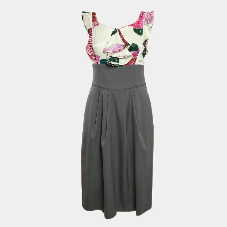 Pre Owned Emporio Armani Pink/Grey Floral Print Satin and Wool Ruffled Short Dress M