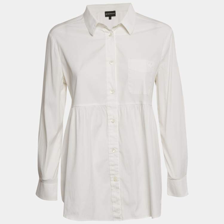 Pre Owned Emporio Armani White Logo Applique Cotton Full Sleeve Shirt M