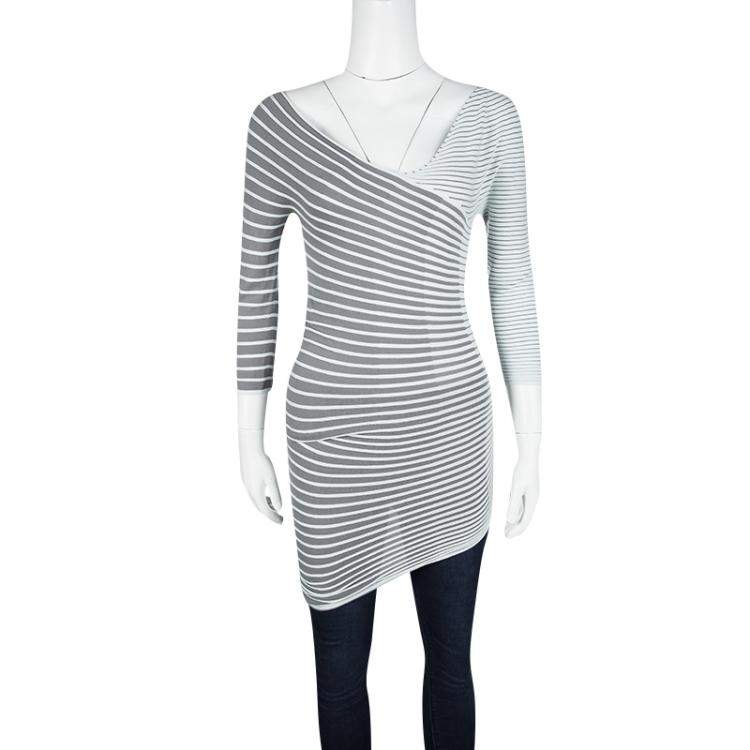 Pre Owned Emporio Armani Grey Striped Pleated Asymmetric Stretch Top S