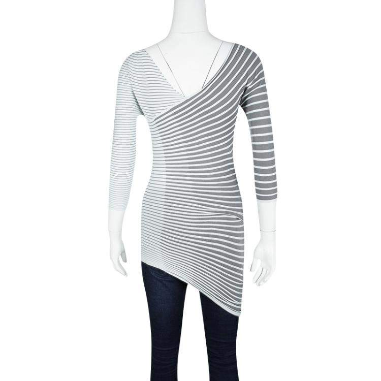 Pre Owned Emporio Armani Grey Striped Pleated Asymmetric Stretch Top S
