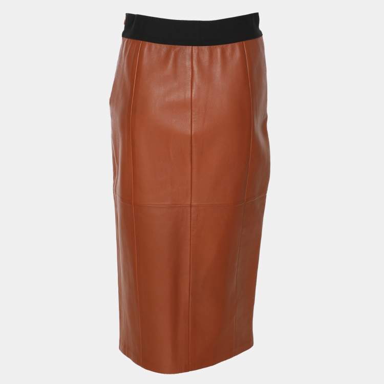 Pre Owned Emporio Armani Brown Lambskin Leather Midi Skirt S