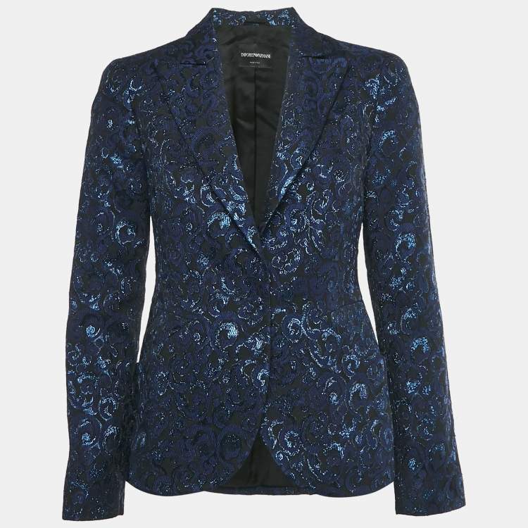 Pre Owned Emporio Armani Navy Blue /Black Jacquard Single Breasted Blazer M