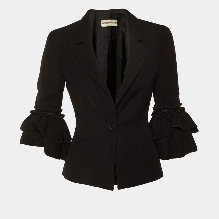 Pre Owned Emporio Armani Black Crepe Ruffled Sleeve Blazer S