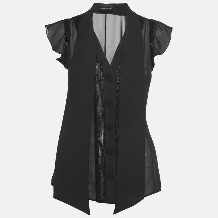 مملوكة مسبقًا Emporio Armani Black Beaded Chiffon Semi Sheer Shirt S