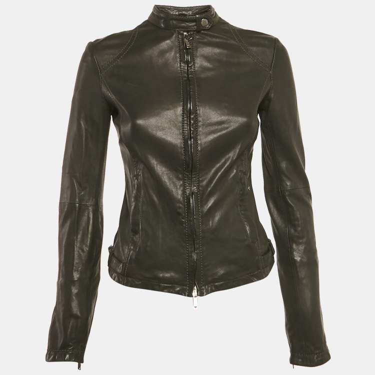 Pre Owned Emporio Armani Black Lamb Leather Biker Jacket S