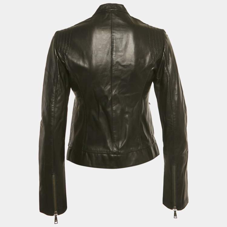Pre Owned Emporio Armani Black Lamb Leather Biker Jacket S