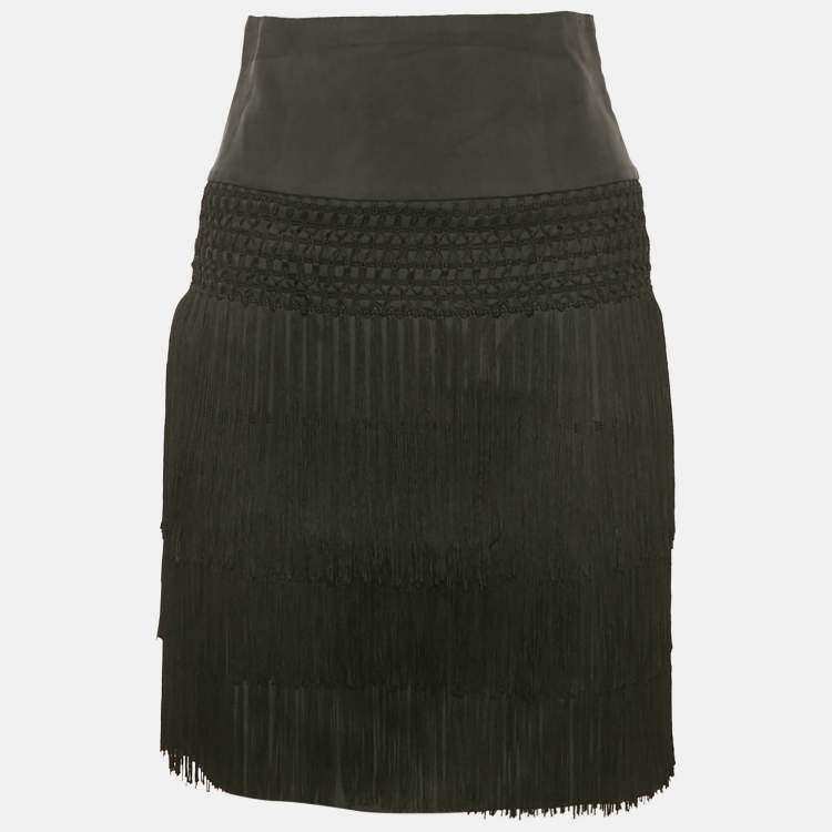 Pre Owned Emporio Armani Black Silk Blend Fringed Mini Skirt S