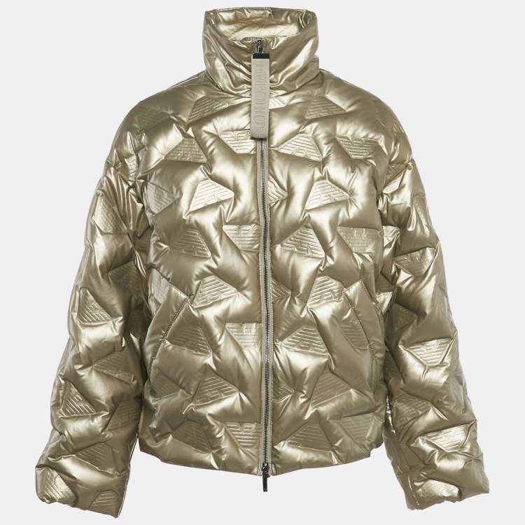 Pre Owned Emporio Armani Metallic Gold Synthetic Debossed Monogram Quilted Jacket L