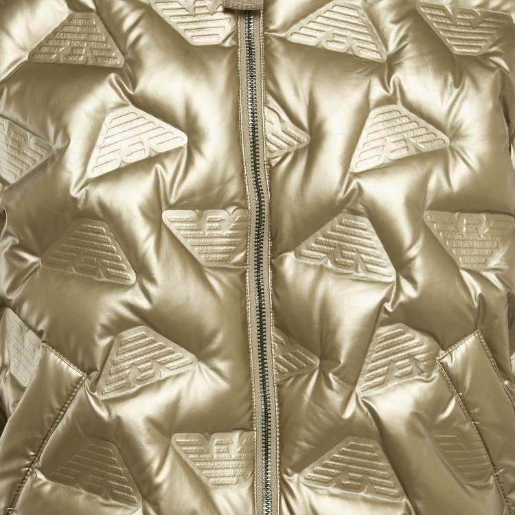 Pre Owned Emporio Armani Metallic Gold Synthetic Debossed Monogram Quilted Jacket L