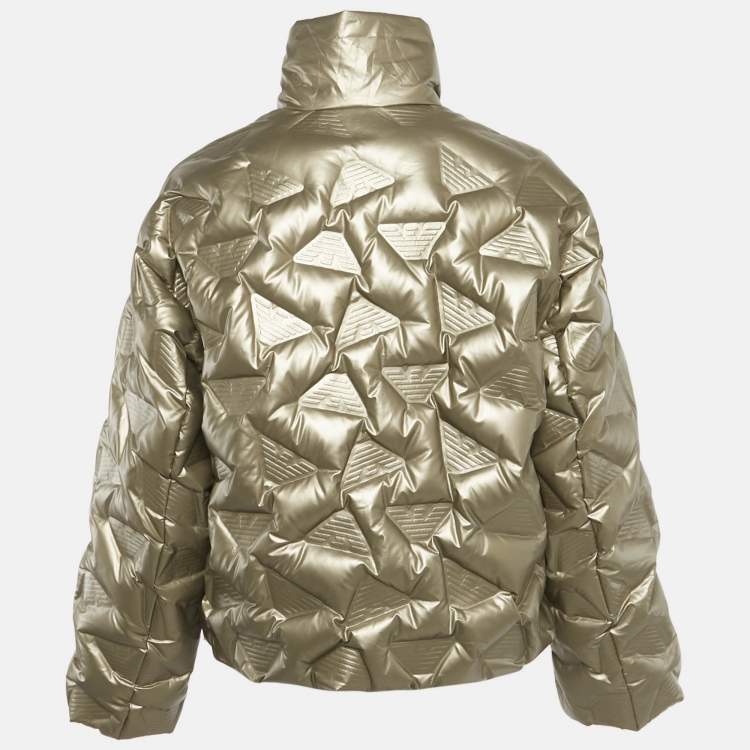 Pre Owned Emporio Armani Metallic Gold Synthetic Debossed Monogram Quilted Jacket L