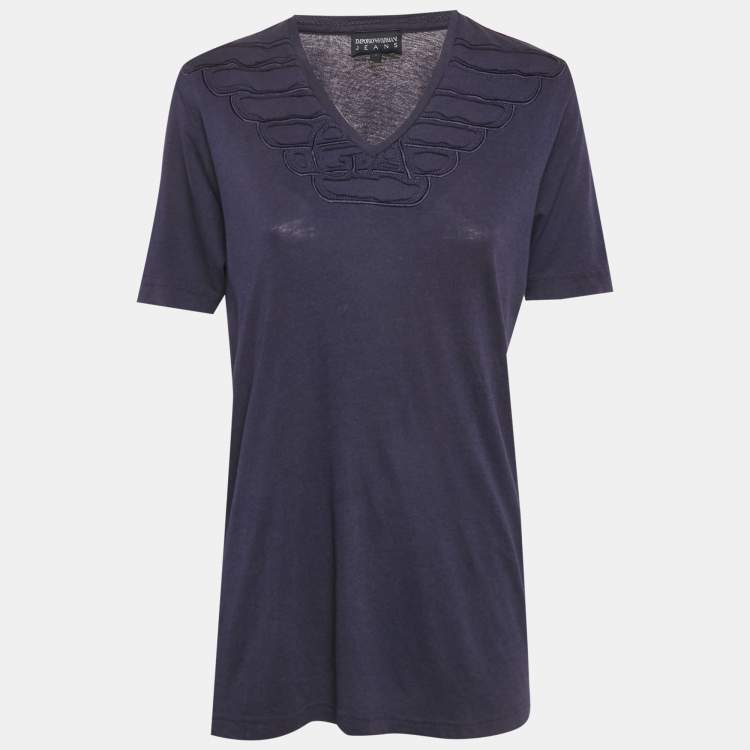 مملوكة مسبقًا Emporio Armani Jeans Blue Jersey Ruffled V-Neck T-Shirt L