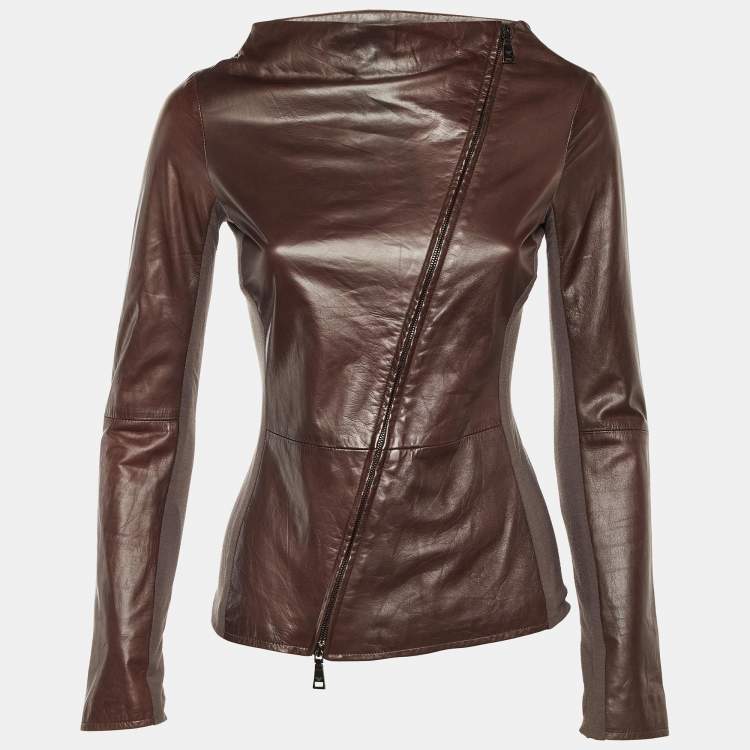Pre Owned Emporio Armani Brown Leather & Knit Asymmetrical Jacket S
