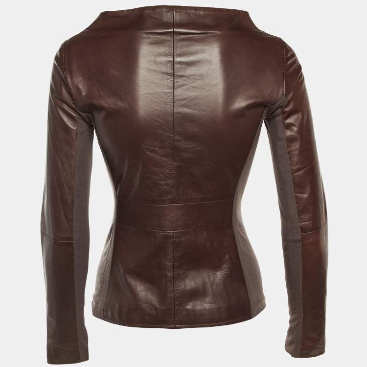 Pre Owned Emporio Armani Brown Leather & Knit Asymmetrical Jacket S