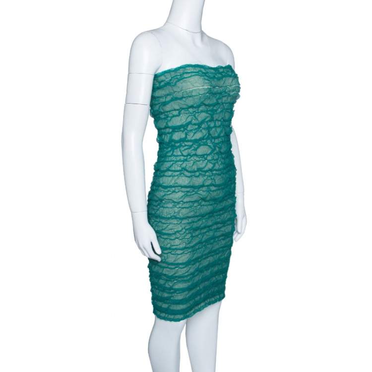 Pre Owned Emporio Armani Green Puckered Mesh Applique Detail Tube Dress M
