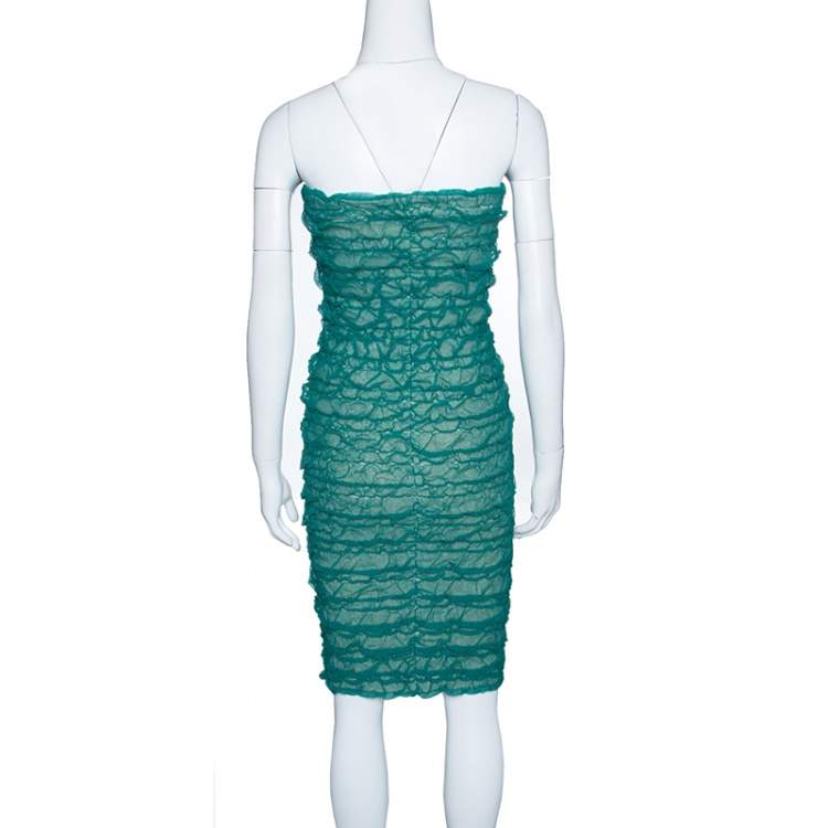 Pre Owned Emporio Armani Green Puckered Mesh Applique Detail Tube Dress M