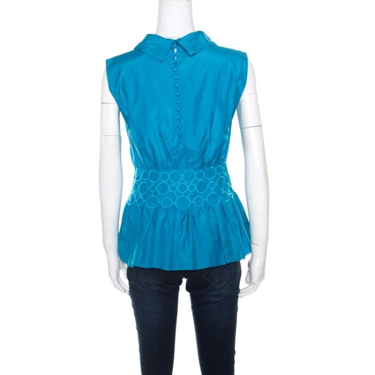 Pre Owned Emporio Armani Blue Embroidered Cotton and Silk Sleeveless Peplum Top  S