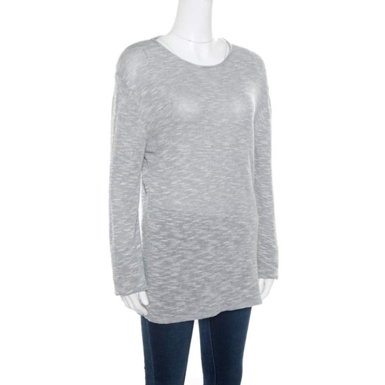 Pre Owned Emporio Armani Grey and White Knit Crew Neck Sweater XL