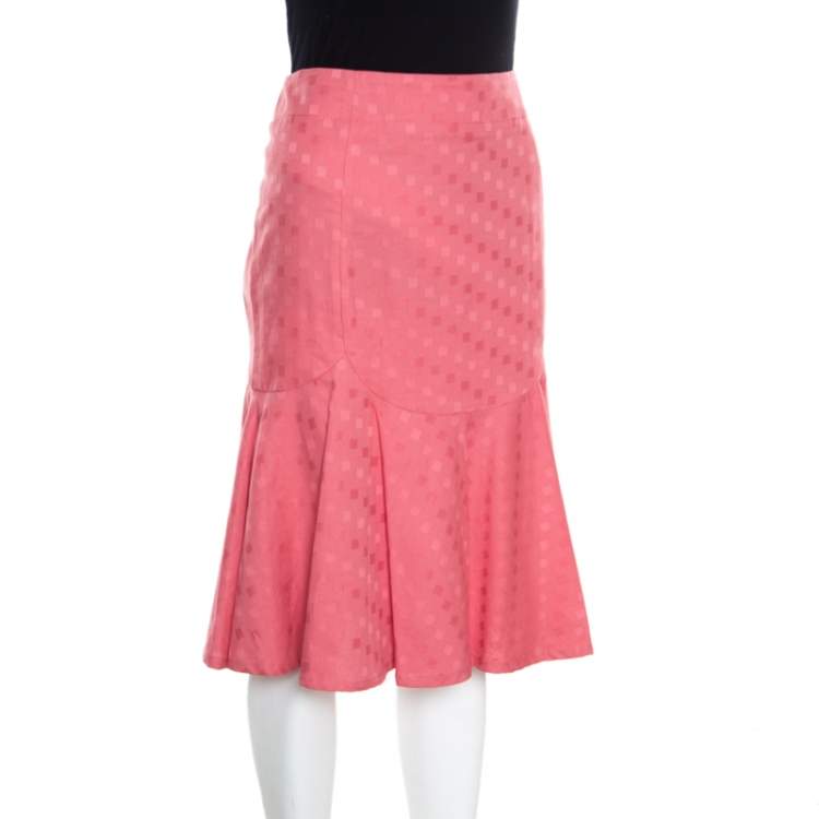 Pre Owned Emporio Armani Pink Geometric Pattern Cotton and Linen Pleated Hem Skirt L