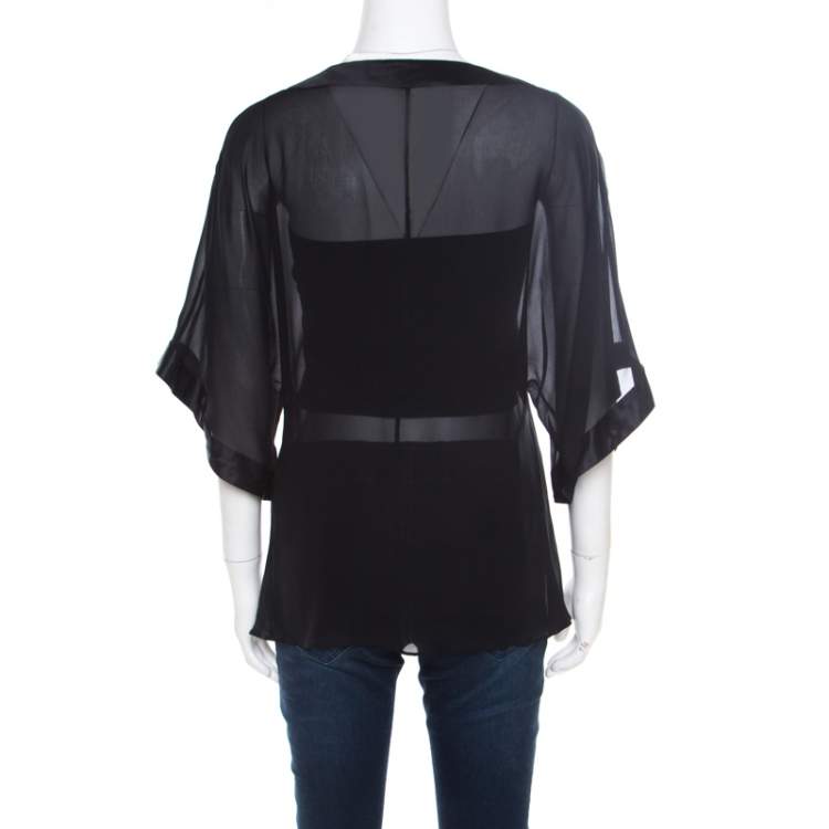 Pre Owned Emporio Armani Black Sheer Silk Embellished Satin Trim Blouse L