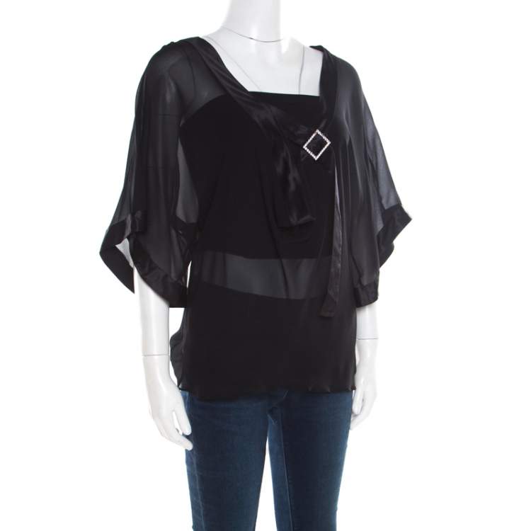 Pre Owned Emporio Armani Black Sheer Silk Embellished Satin Trim Blouse L