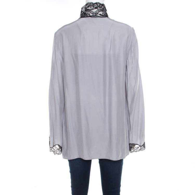 مملوكة مسبقًا Emporio Armani Pearl Grey Silk Contrast Scalloped Lace Trim Flared Sleeve Shirt L