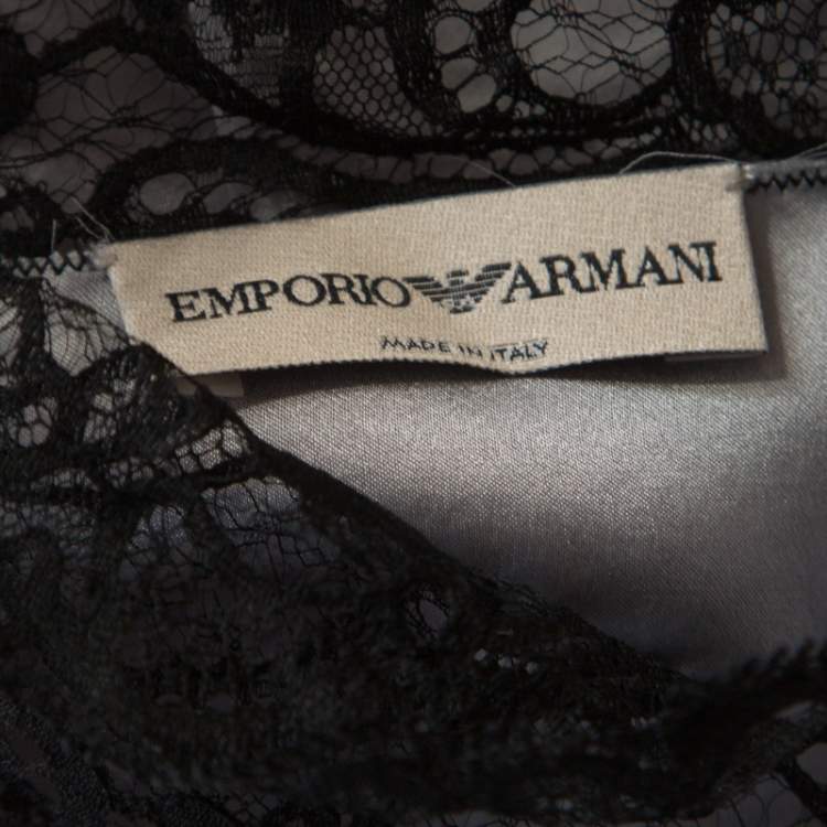 مملوكة مسبقًا Emporio Armani Pearl Grey Silk Contrast Scalloped Lace Trim Flared Sleeve Shirt L