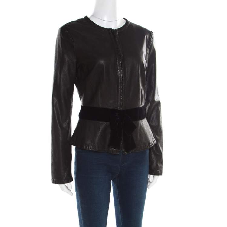 Emporio Armani Black Leather Velvet Bow Detail Biker Jacket M