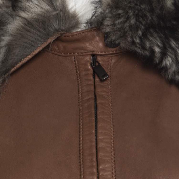 Pre Owned Emporio Armani Brown Leather Fur Collar Detail Zip Front Jacket S