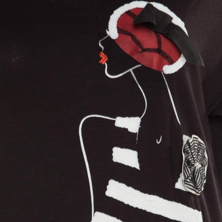 Pre Owned Emporio Armani Black Sequined Applique Detail Lady Motif V-neck T-Shirt L