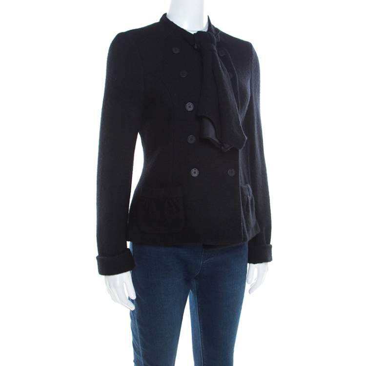 Pre Owned Emporio Armani Black Felted Wool Bow Detail Double Breasted Short Coat M