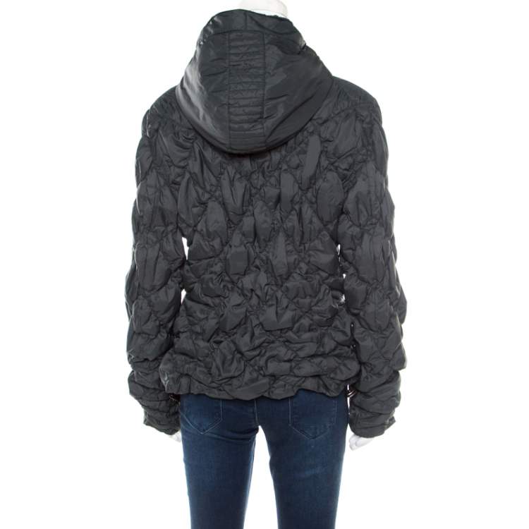 Pre Owned Emporio Armani Olive Green Ruched Diamond Quilted Contrast Piping Hooded Jacket M