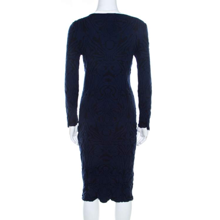 Pre Owned Emporio Armani Navy Blue Paisley Jacquard Patterned Scalloped Sheath Dress M