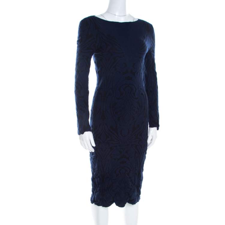 Pre Owned Emporio Armani Navy Blue Paisley Jacquard Patterned Scalloped Sheath Dress M