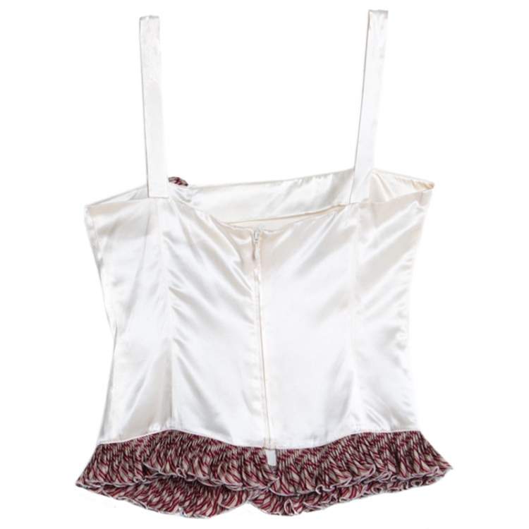 Pre Owned Emporio Armani Cream Satin Silk Ruffled Trim Sleeveless Top S