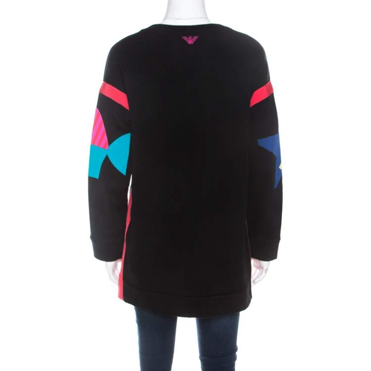 Pre Owned Emporio Armani Black Knit Star And Fish Print Long Sweatshirt S