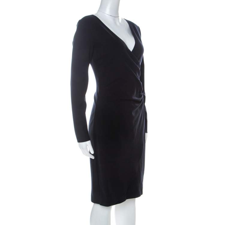 Emporio Armani Navy Blue Knit Ruched Faux Wrap Dress M Emporio