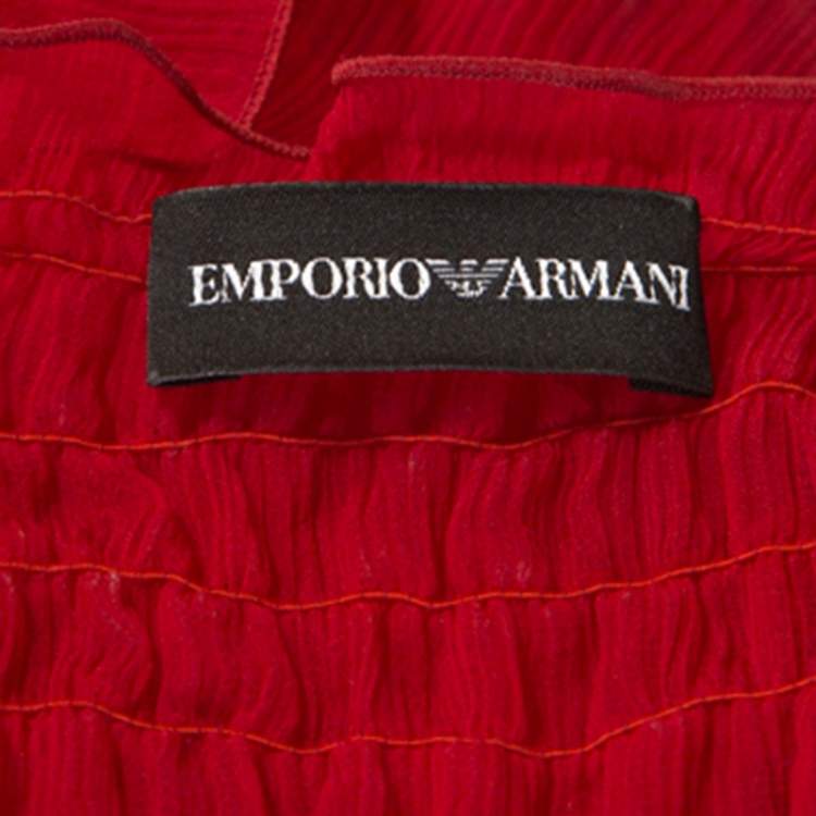 Pre Owned Emporio Armani Red Chiffon Elasticized Ruffle Sheer Sleeveless Top S