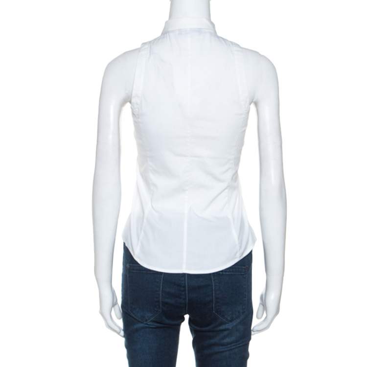 Pre Owned Emporio Armani White Cotton Blend Sleevless Button Front Top S