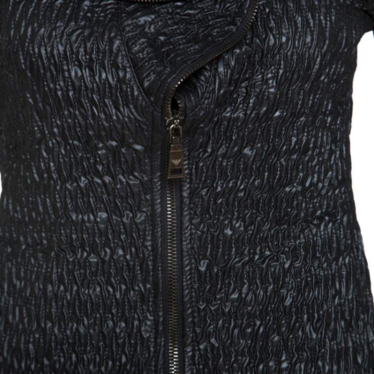 Pre Owned Emporio Armani Black Wrinkled Zip Front Jacket S