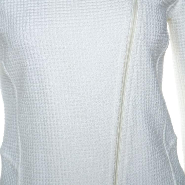 Pre Owned Emporio Armani White Waffle Knit Asymmetric Zip Front Blazer M