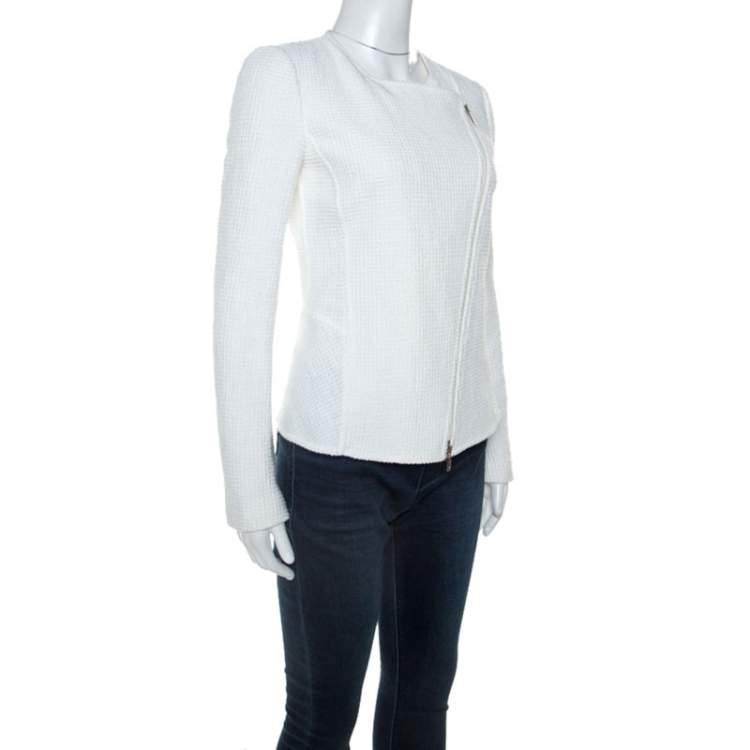 Pre Owned Emporio Armani White Waffle Knit Asymmetric Zip Front Blazer M
