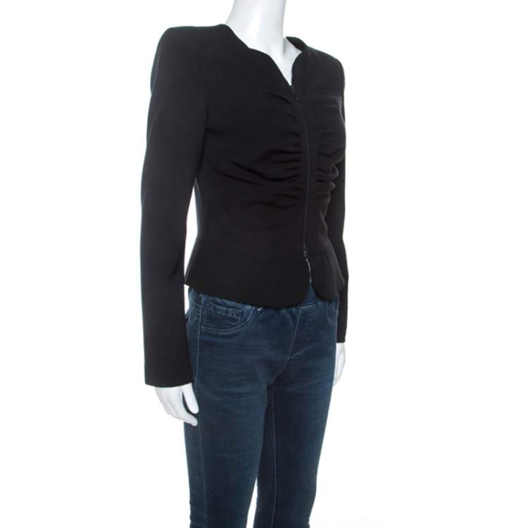 Pre Owned Emporio Armani Black Stretch Knit Ruched Detail Zip Front Jacket M