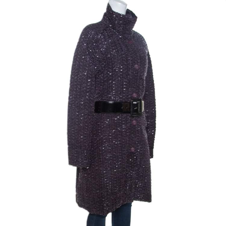 Pre Owned Emporio Armani Metallic Purple Textured Belted Coat M 